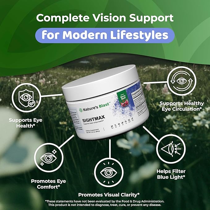 SightMax Eye Health Supplements - Eye Vitamins - with Bilberry Eyebright Lutein Zeaxanthin &amp More Vitamins - Vegan Non GMO Gluten Free - 3.5 Oz - 30 Servings - Berry Rush Flavor
