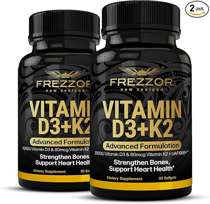 FREZZOR Vitamin D3 and K2 Caps High Potency D3 2000IU and K2 (MK7) 80mcg Unique VIT D3 from 100% New Zealand Sheep's Wool Lanolin Cardiovascular Support &amp Bone Health 120 Softgels 2 Month Suppl