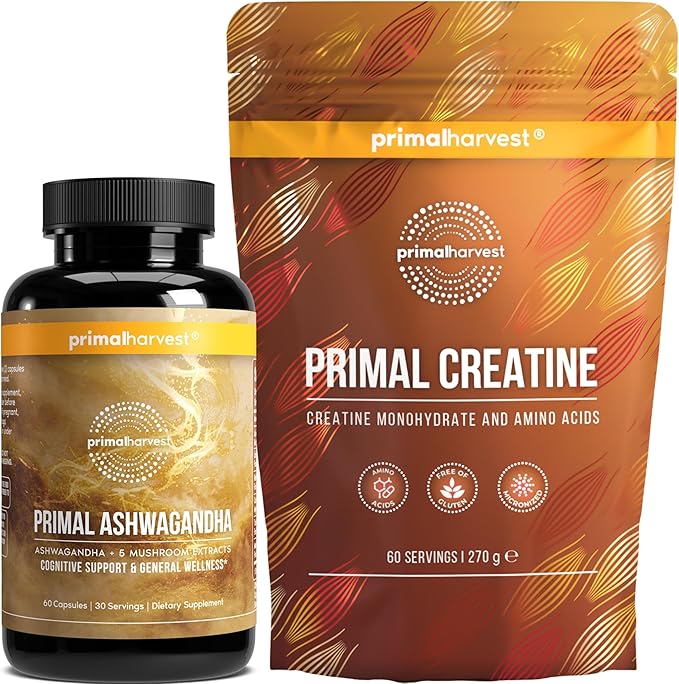 Primal Harvest Daily Two-Step Routine | Ashwagandha + Creatine | 2 Pack | 30 Day Supply