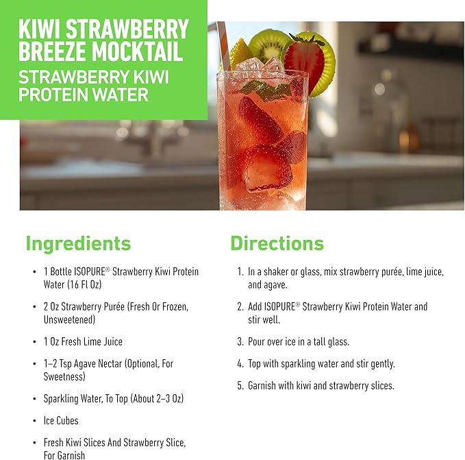 Isopure Clear Protein Water with Electrolytes 15g Whey Protein Isolate Zero Sugar Strawberry Kiwi 20 fl oz 12-Pack