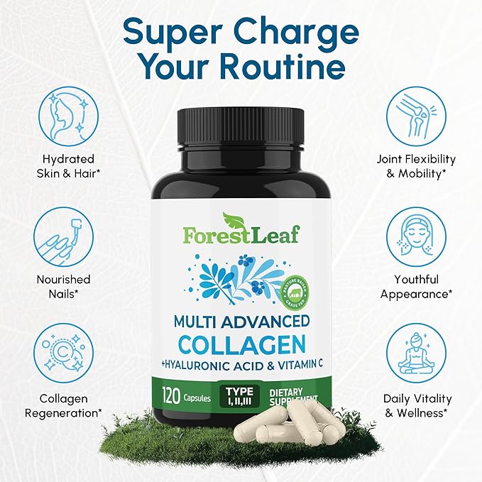 ForestLeaf Multi Collagen Pills with Hyaluronic Acid + Vitamin C | Hydrolyzed Collagen Supplements for Women or Men | Multi Collagen Capsules Peptides for Skin Wrinkles 240