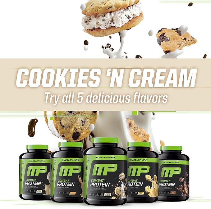 MusclePharm Combat Protein Powder Cookies ‘N’ Cream Flavor Fuels Muscles for Productive Workouts 5 Protein Sources including Whey Protein Isolate &amp Egg Albumin Gluten Free 4 lb 52 Servings