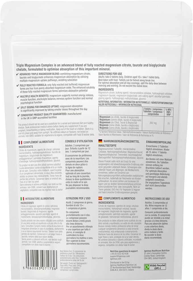Igennus Superior Triple Magnesium Complex Fully Reacted &amp Chelated Glycinate Taurate &amp Citrate Clean Label High Bioavailability &amp Absorption 180 Tablets Vegan Non-Buffered