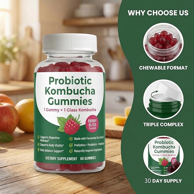 Kombucha Probiotic Gummies with Prebiotics &amp Postbiotics for On-the-Go Gut Balance Kombucha Inspired Digestive Support Berry Flavor 60 Gummies