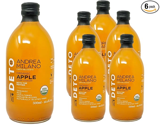 Andrea Milano Organic Apple Cider Vinegar – Raw Italian Natural Vinegar with the Mother Unfiltered Unpasteurized Non-GMO Vegan Bulk Glass Bottle (16.9 fl oz(Pack of 6))
