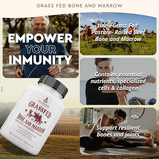 Ancestral Supplements Grass Fed Beef Bone and Marrow Supplement 3000mg Skin Oral Health and Joint Support Supplement Promotes Whole-Body Wellness Non GMO Whole Bone Extract 180 Capsules