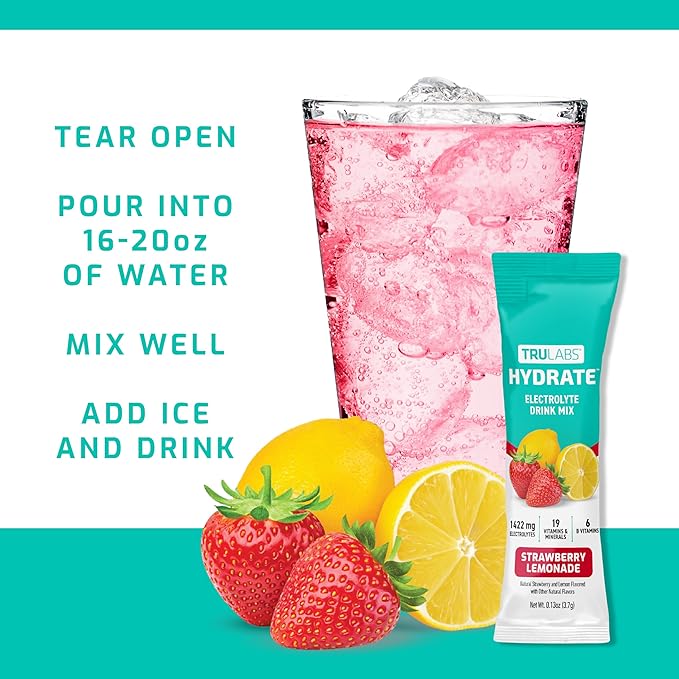 TRULABS Hydrate - Strawberry Lemon Bag of 16. Sugar Free Electrolytes Hydration Packets. Each Serving Contains 1422 mg of Electrolytes &amp19 Vitamins &amp Minerals