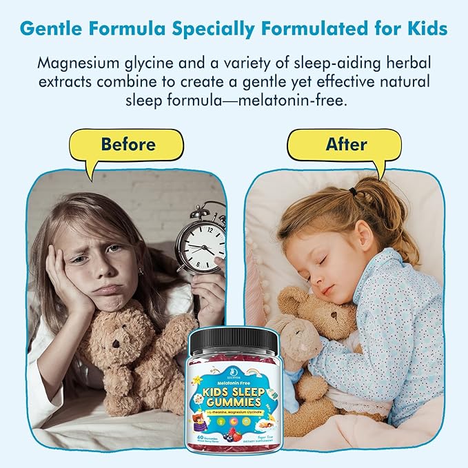 Kids Sleep Gummies with Magnesium Glycinate – Melatonin Free Bedtime Support for Kids – Calm &amp Relaxation with L-Theanine GABA Chamomile &amp Lemon Balm – Sugar Free Mixed Berry Flavor 120 Gum