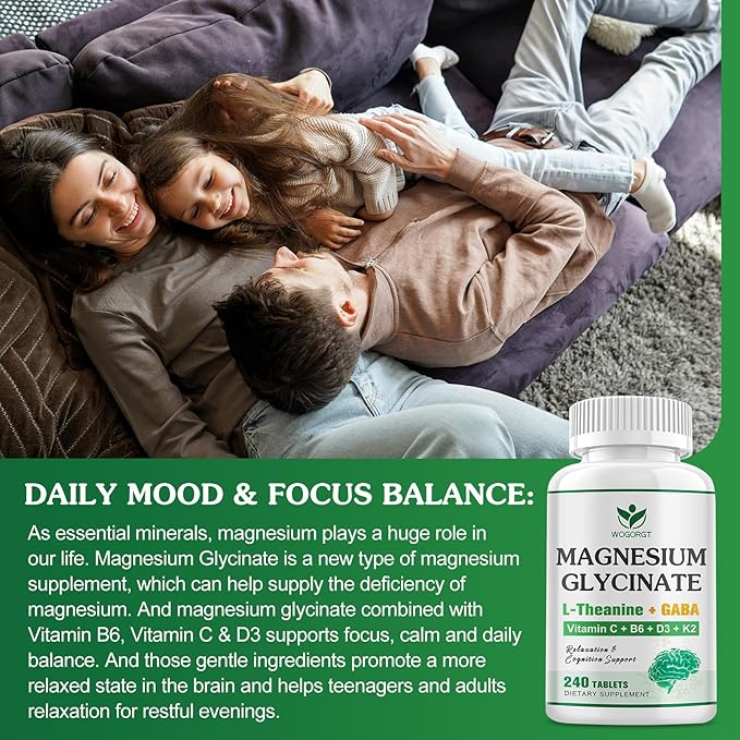 Magnesium Glycinate and L-Theanine Supplement - Relaxation &amp Cognition Support - 400mg Magnesium Supplement with L-Theanine GABA Chamomile B6 D3 &amp K2 for Adults &amp Teens Vegan - 240 Ta