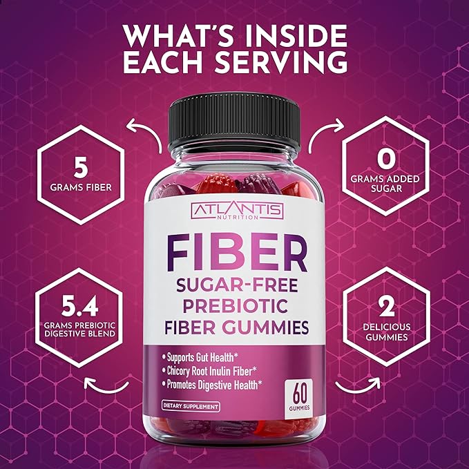 Atlantis Nutrition Sugar Free Fiber Gummies for Adults - 5G Fiber Supplement Formulated with 5.4G Prebiotic Digestive Blend - Supports Gut Health &amp Promotes Healthy Digestion - 2-Pack 120 Gummies