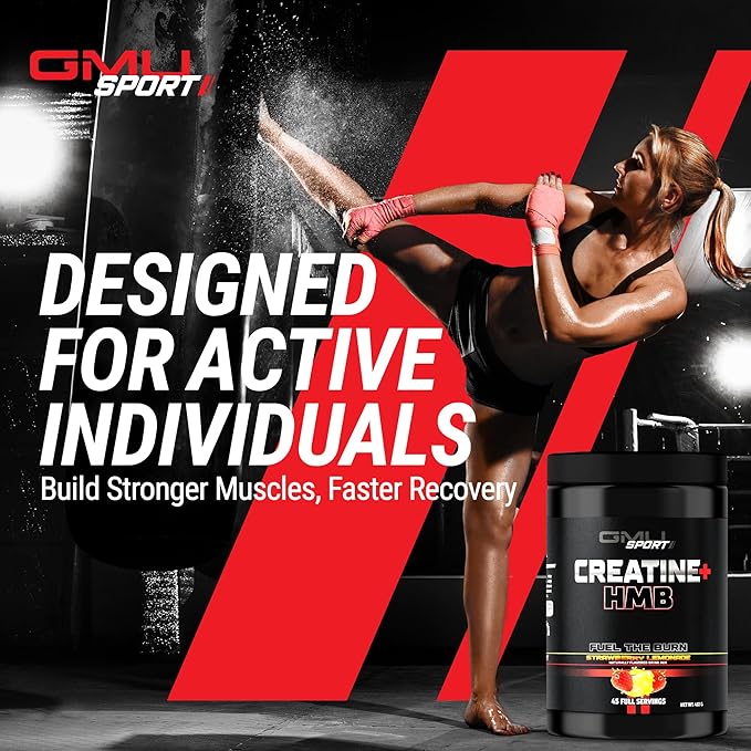 GMU SPORT Creatine 2.0 –Flavored Creatine + HMB Powder | 45 Servings |5g Creatine Monohydrate + 3g HMB + Piperine |Strength Recovery &amp Muscle Builder | Strawberry Lemonade Drink Mix for Men &amp
