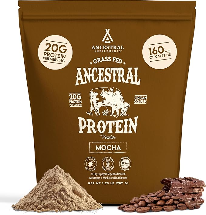 Ancestral Supplements Grass Fed Protein Powder Mocha Coffee Bone Broth Protein + Beef Organs + Organic Mushrooms w/ 160mg Naturally Occurring Caffeine 20g Protein Gut Health Support 30 Servings