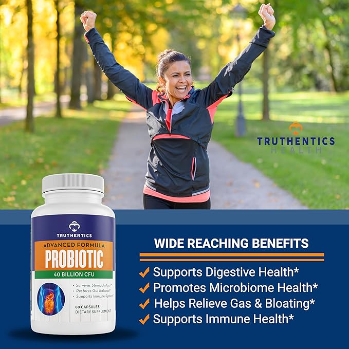 TRUTHENTICS Probiotic 40 Billion CFU with Prebiotics - Bifidobacterium Lactobacillus Acidophilus Paracasei Probiotics for Men &amp Women - Shelf Stable - 60 Vegan Capsules