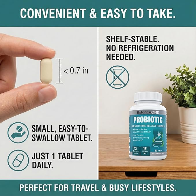 Balance ONE Time Release Probiotic – 15 Billion CFU – 12 Strains Including L. Plantarum – 15x More Survival Than Capsules – Bloating &amp Gas Relief – Gut &amp Digestive Health for Women &amp Men –