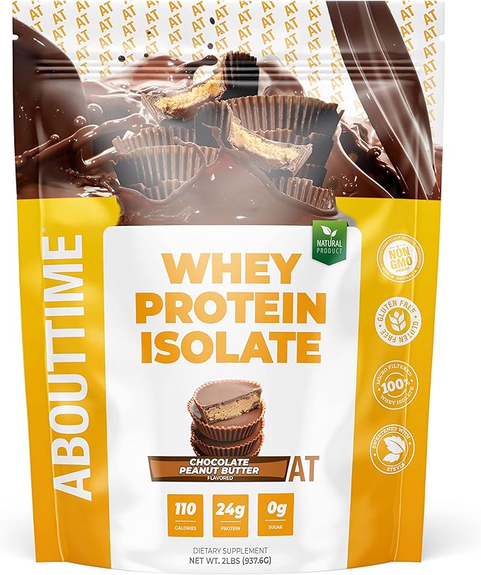 About Time Whey Protein Isolate Powder 24g Chocolate Peanut Butter Natural Ingredients Non-GMO Gluten-Free Lactose-Free Zero Sugar Low Carb 32 Servings