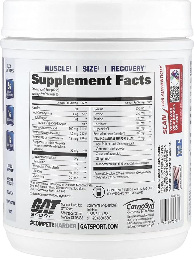 GAT SPORT JetMass Fact-Acting Volumizing Creatine System 30 Servings (Strawberry Lemonade)