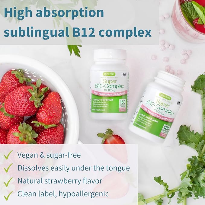 Daily Vitamin D3 + Super B12-Complex Vegetarian Bundle 365 2000iu Vitamin D3 Tablets + High Absorption Sublingual B12 by Igennus