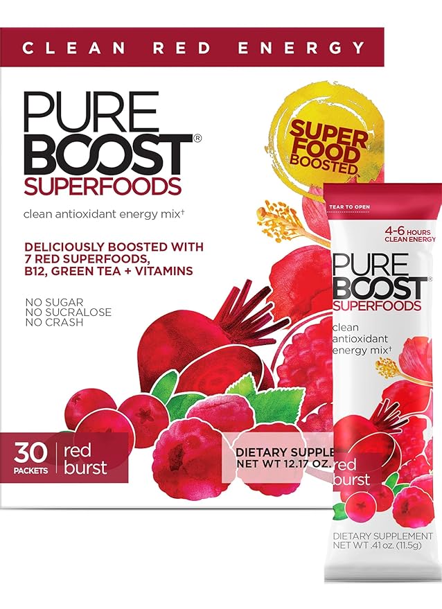 Pureboost Superfoods Clean Energy Booster Refreshing Energy Drink Mix with 7 Organic Red Superfoods Beet Hibiscus Pomegranate and Vitamins. Sugar-Free No Sucralose (Red Burst 30 Count)