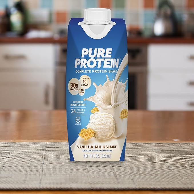 Pure Protein Vanilla Protein Shake30g Complete-ProteinVitamins ACDand E plus Zinc to Support Immune HealthReady to Drink and Keto-Friendly11oz Bottles(Pack of 24)