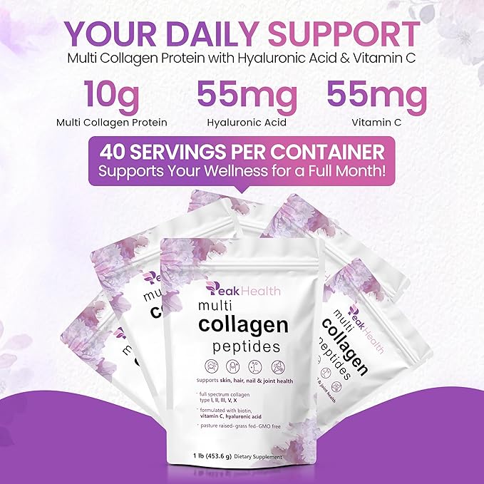 Multi Collagen Peptides Powder 1 Pounds collagen powder- Type IIIIIIVX with Biotin 10000mcg Hyaluronic acid powder Vitamin C - Unflavored Collagen Protein Powder - Keto &amp Paleo Easy Dissol