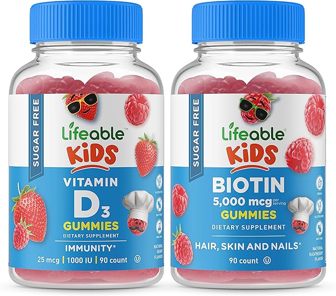 Lifeable Sugar Free Vitamin D Kids + Biotin Kids Gummies Bundle - Great Tasting Vitamin Supplement Gluten Free GMO Free Chewable Gummy