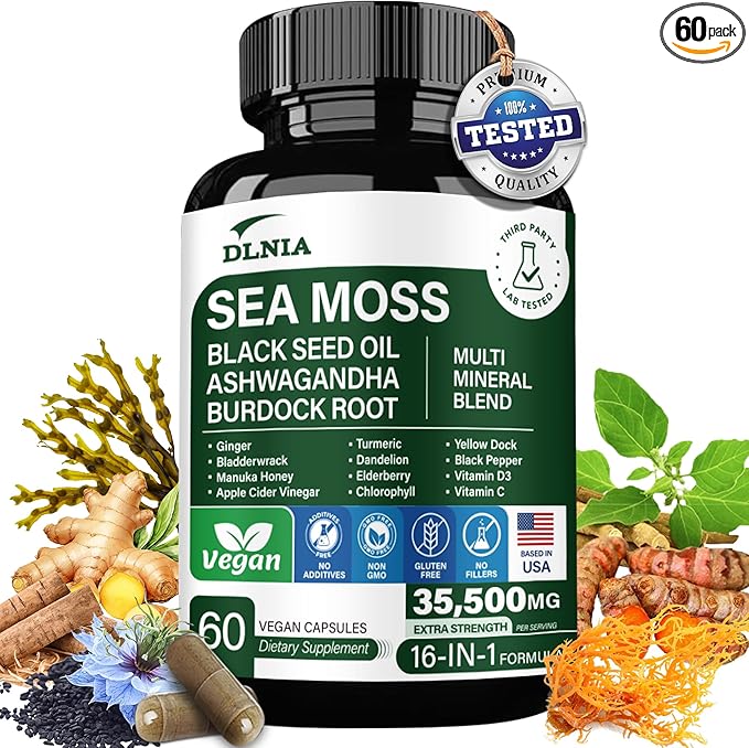 16-in-1 Organic Sea Moss Gel Alternative Capsules – Superfood Blend with Ashwagandha Black Seed Oil Turmeric Bladderwrack Burdock Elderberry Manuka Dandelion Yellow Dock Vitamin C &amp D3