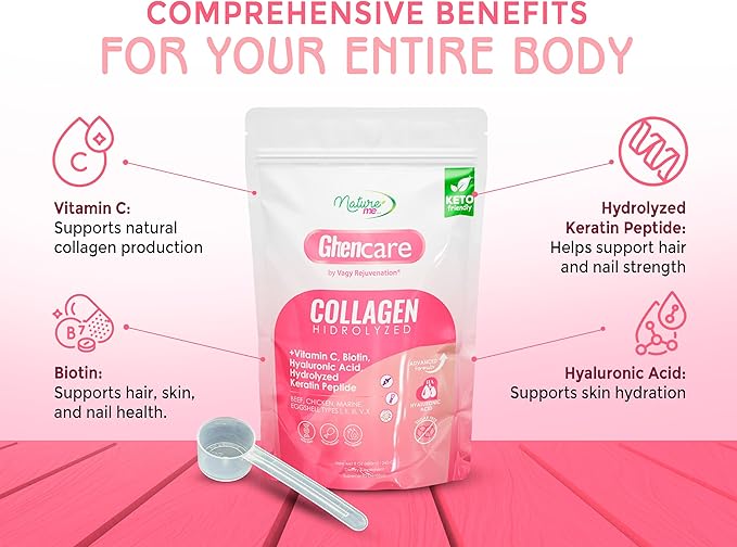Vagy Rejuvenation Ghencare Hydrolyzed Collagen Powder – Multi-Source Collagen with Vitamin C Biotin &amp Hyaluronic Acid – Types I II III V &amp X – for Skin Hair Nails &amp Overall Wellness