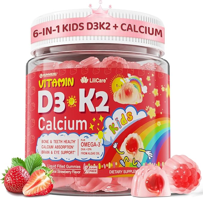 Vitamin D3 K2 + Calcium Liquid-Filled Gummies for Kids &amp Teens + Collagen Peptides Soft Chews 3000mg for Women &amp Men
