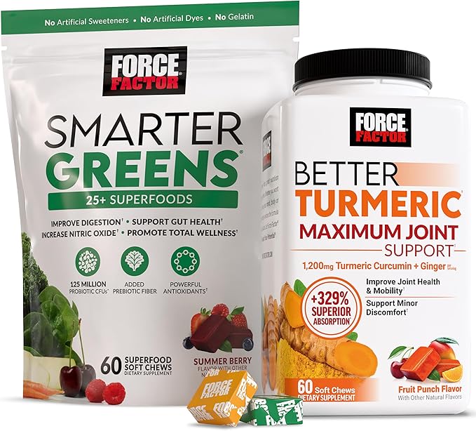 Force Factor Better Turmeric Maximum Joint Support 1075mg Curcumin + Smarter Greens Superfood Greens and Superfoods 120 Soft Chews