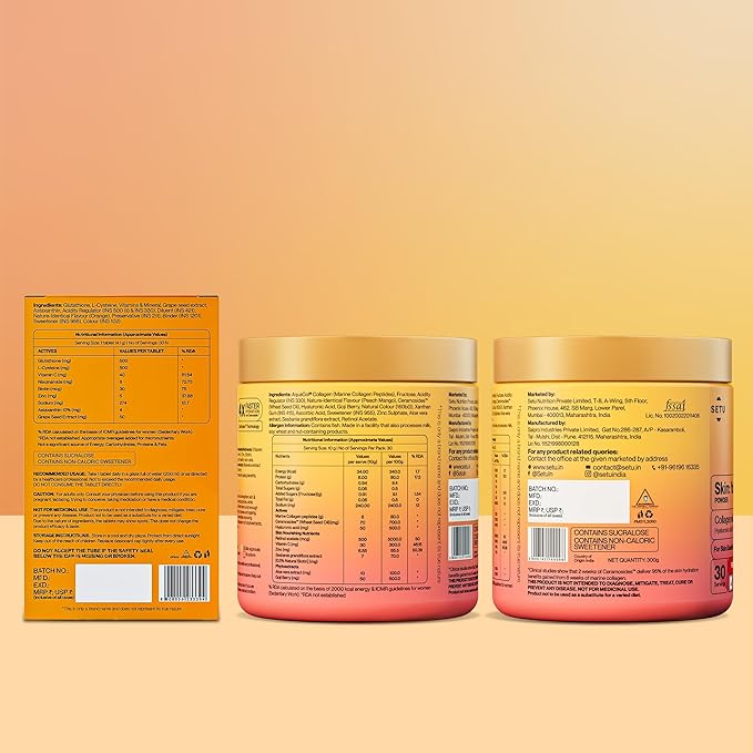 SETU Radiant Skin: Combo Contains 8g Marine Collagen + Ceramosides &amp 8-in-1 Glutathione Fizzy Tabs | Supports Radiant Healthy Skin | for Men &amp Women