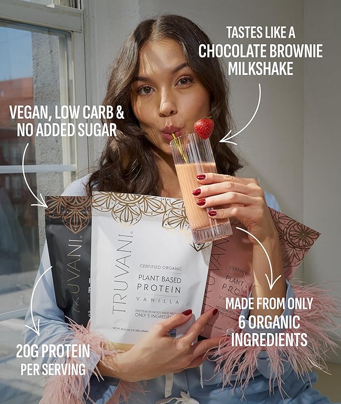 Truvani Vegan Pea Protein Powder | Chocolate | 20g Organic Plant Based Protein | Single Serving Travel Packets | 10 Servings | Keto | Gluten &amp Dairy Free | Low Carb | No Added Sugar