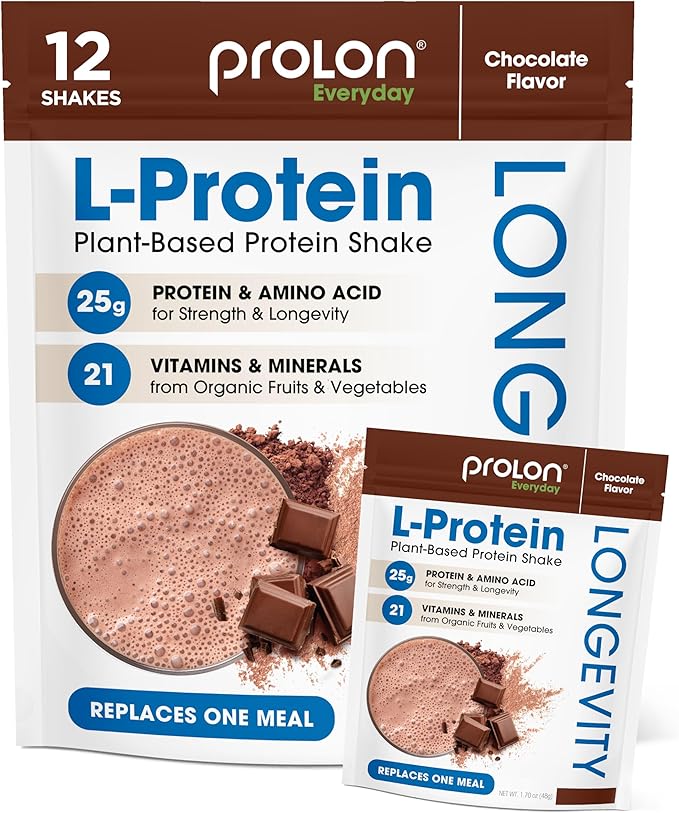 Prolon Longevity Plant Based Protein Powder | Muscle Synthesis &amp Repair Healthy Aging Boost Performance | Vitamins Gluten Free Amino Acids Antioxidants | 25g of Protein | Chocolate 12 Packet