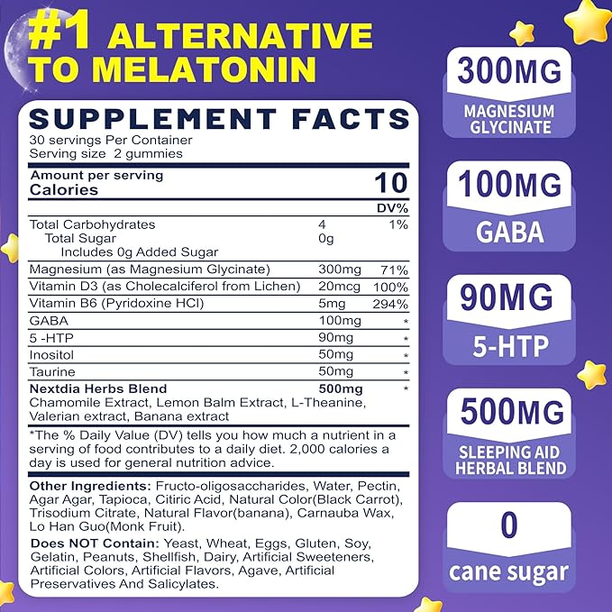 Melatonin Free Sleep Gummies with Magnesium Glycinate GABA 5-HTP L-Theanine Valerian Chamomile Lemon Balm Vitamin D3 &amp B6 - Hormone &amp Drug- Free Non-Habit Forming2 Pack