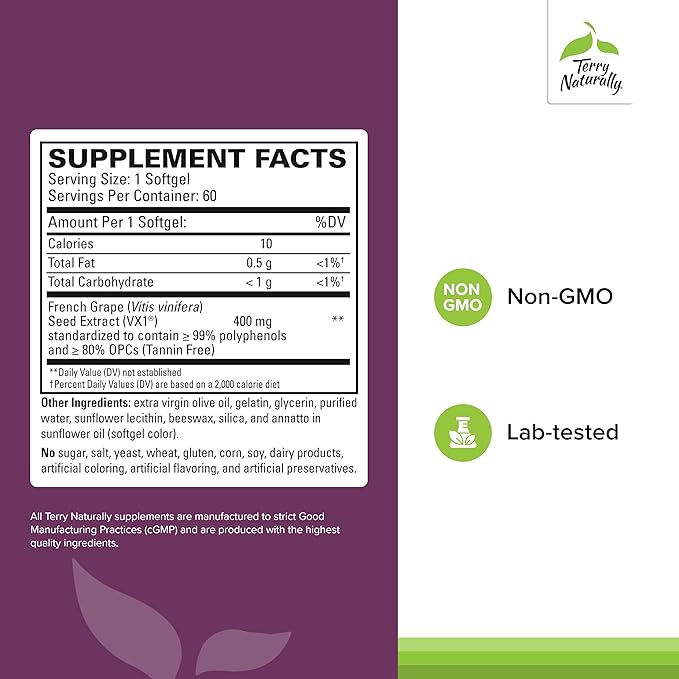 Terry Naturally Clinical OPC Extra Strength - Cardiovascular Health &amp Focus Support - Supplement with Grape Seed Extract - Immune Support Supplement - 60 Softgels (Pack of 2)