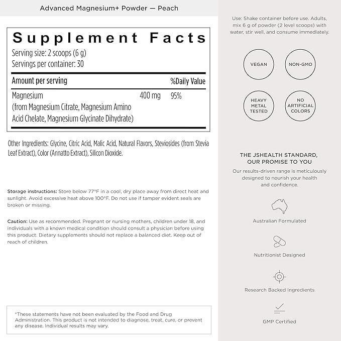 JSHealth Vitamins Advanced Magnesium+ Powder with Magnesium Glycinate &amp Citrate - 3 Bioavailable Forms 400 mg/Serving - Peach Flavor