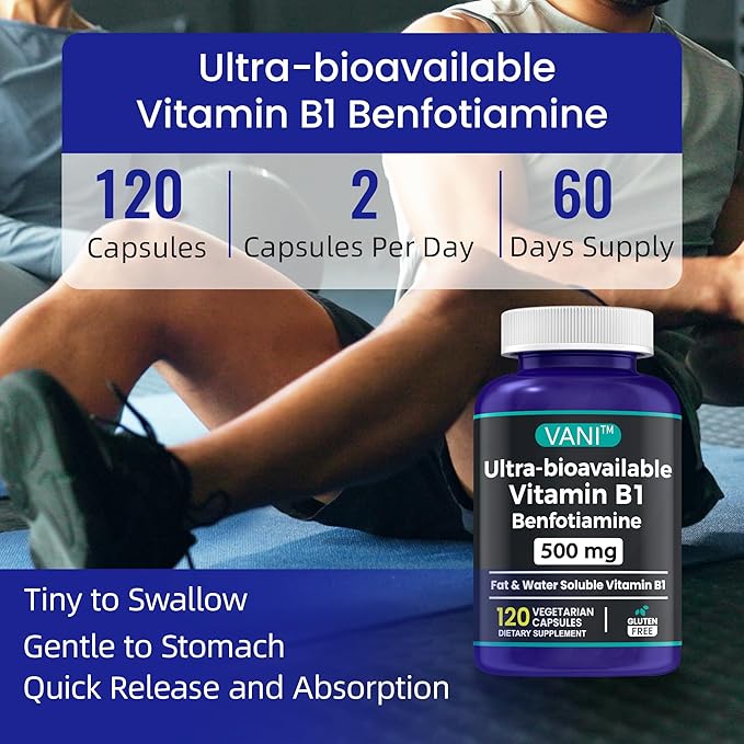 2 in 1 Enhanced Formula: Vitamin B1 with Benfotiamine 500mg Fat Soluable Supplement of Vitamin B-1 500 mg - 120 Capsules (3)