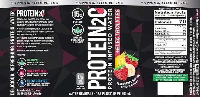 Protein2o + Electrolytes Low Calorie Protein Infused Water 15g Whey Protein Isolate Strawberry Banana 16.91 fl oz (pack of 12)
