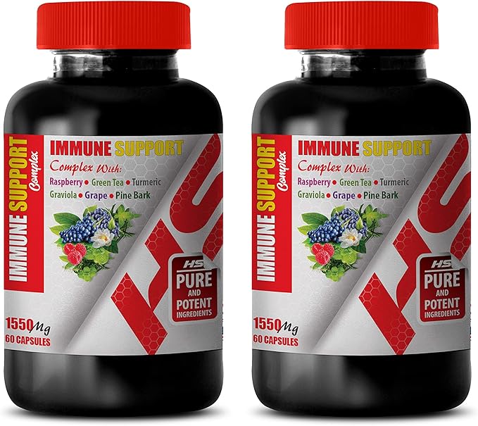 Immune System Vitamins - Immune Support Complex 1550 Mg with Raspberry Green Tea Turmeric GRAVIOLA Grape Pine BARK - Turmeric Pills - 2 Bottles 120 Capsules