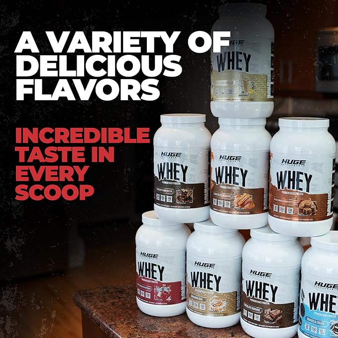 Huge Whey Protein Powder for Muscle Gain 25g Protein 12g EAAs Supports Muscle Growth Performance &amp Recovery (White Chocolate Raspberry 30 Servings)