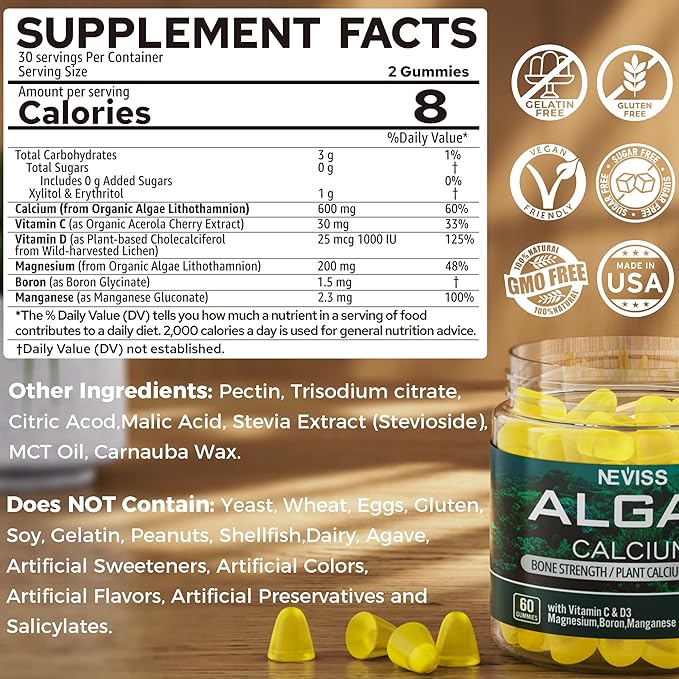 NEVISS Sugar Free Turmeric Curcumin Gummies + Marine Algae Calcium Supplement 600mg High Absorption Vegan