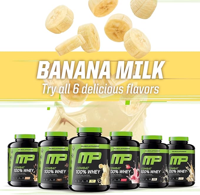 MusclePharm Combat 100% Whey Protein Powder Banana Milk Flavor Fast Recovery &amp Muscle Gain with Whey Protein Isolate High Protein Powder for Women &amp Men Gluten Free 5 lb 70 Servings