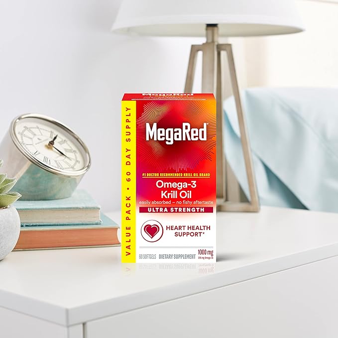 MegaRed Ultra Strength 1000mg Omega-3 Krill Oil Supplement with EPA/DHA Astaxanthin &amp Phospholipids No Fish Oil Aftertaste Supports Heart Brain Joint and Eye Health 60 Count Softgels.