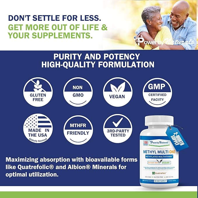 Power By Naturals Methyl Multi One – Iron-Free Methylated Multivitamin for Men &amp Women with B12 Methylcobalamin P5P Folate (5-MTHF) CoQ10 &amp Zinc for Energy &amp MTHFR Support 60 Capsules