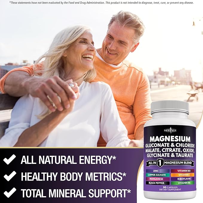 NEW AGE Magnesium Supplement -Powerful Glycinate Citrate Malate Oxide Taurate Aspartate Gluconate Orotate &amp Mag Chloride Manganese Bone Health and Bone Strength Joint Support- 270 Count