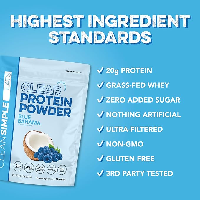 Clean Simple Eats Clear Protein Drinks 20G Grass Fed Whey Protein Isolate Ultra Filtered Light &amp Refreshing Beverage Low Lactose No Artificial Ingredients Blue Bahama Flavor 20 Servings