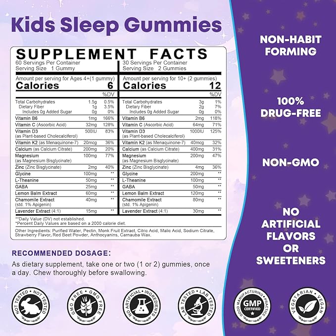 Kids Sleep Gummies Magnesium Glycinate 100/200 mg + 200/400 mg Calcium Citrate for Kids 4+ w/L-Theanine B6 Zinc D3K2 &amp GABA Lemon Balm Chamomile Extract for Zzz &amp Relax Bone Muscle -1