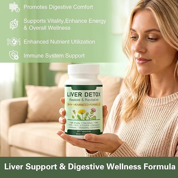 Liver Support Capsules | 20-in-1 Herbal Formula with Milk Thistle Dandelion &amp Turmeric for Daily Liver &amp Digestive Wellness | Non-GMO Gluten-Free Supplement for Vitality &amp Comfort 60 Ca