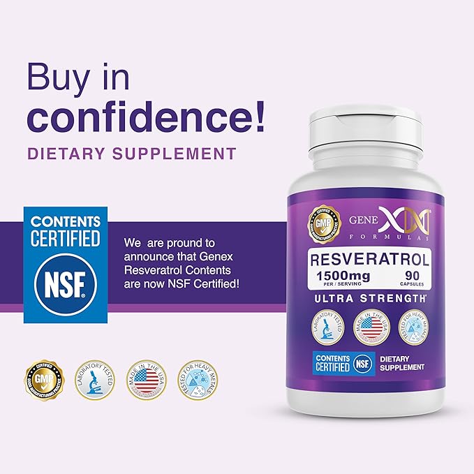 Genex Formulas Resveratrol 1500 mg Supplement for Healthy Aging – NSF Certified for Safety Quality &amp Label Accuracy – Potent Antioxidant &amp Healthy Aging Formula - Gluten Free 90 Count