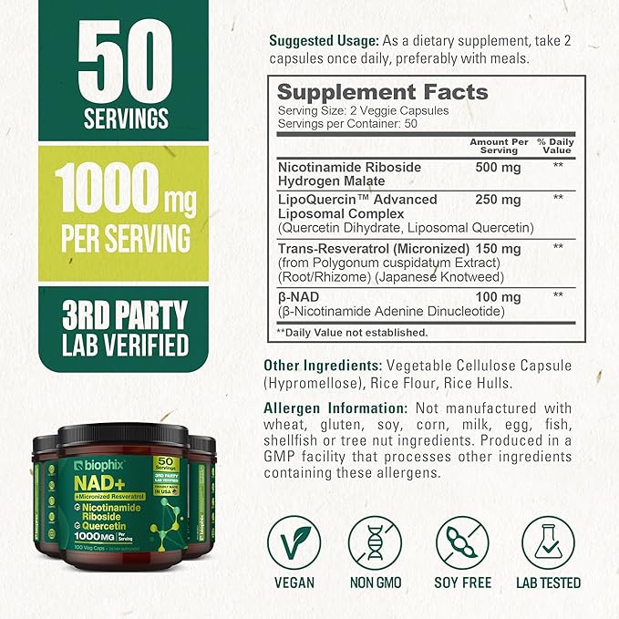 biophix NAD+ Liposomal Supplement for Women &amp Men - 1000 mg per Serving - Nicotinamide Riboside Micronized Resveratrol &amp Quercetin Complex - 100 Veg Capsules - Non-GMO Gluten-Free cGMP Cert