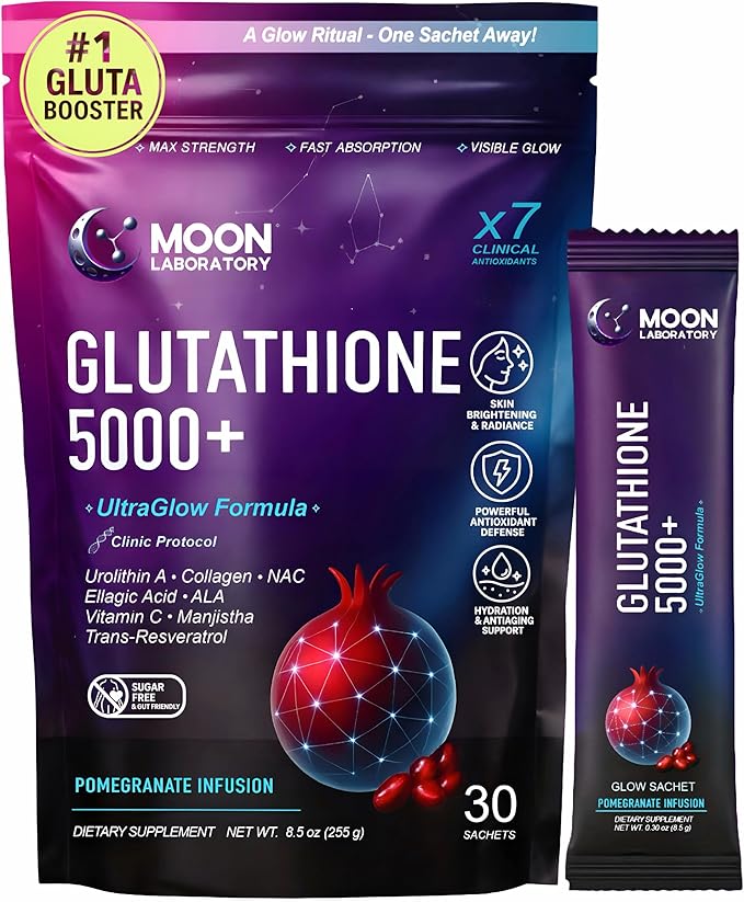 Liposomal Glutathione 5000mg Powder Drink – Advanced 7 Antioxidant Complex with Urolithin A NAC &amp Collagen – Skin Brightening Anti-Aging &amp Detox Support – 30 Sachets